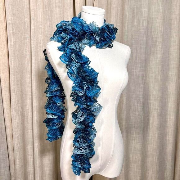 Handmade Ruffle Knit Scarf – Teal Blue Ombre - Picture 3 of 3